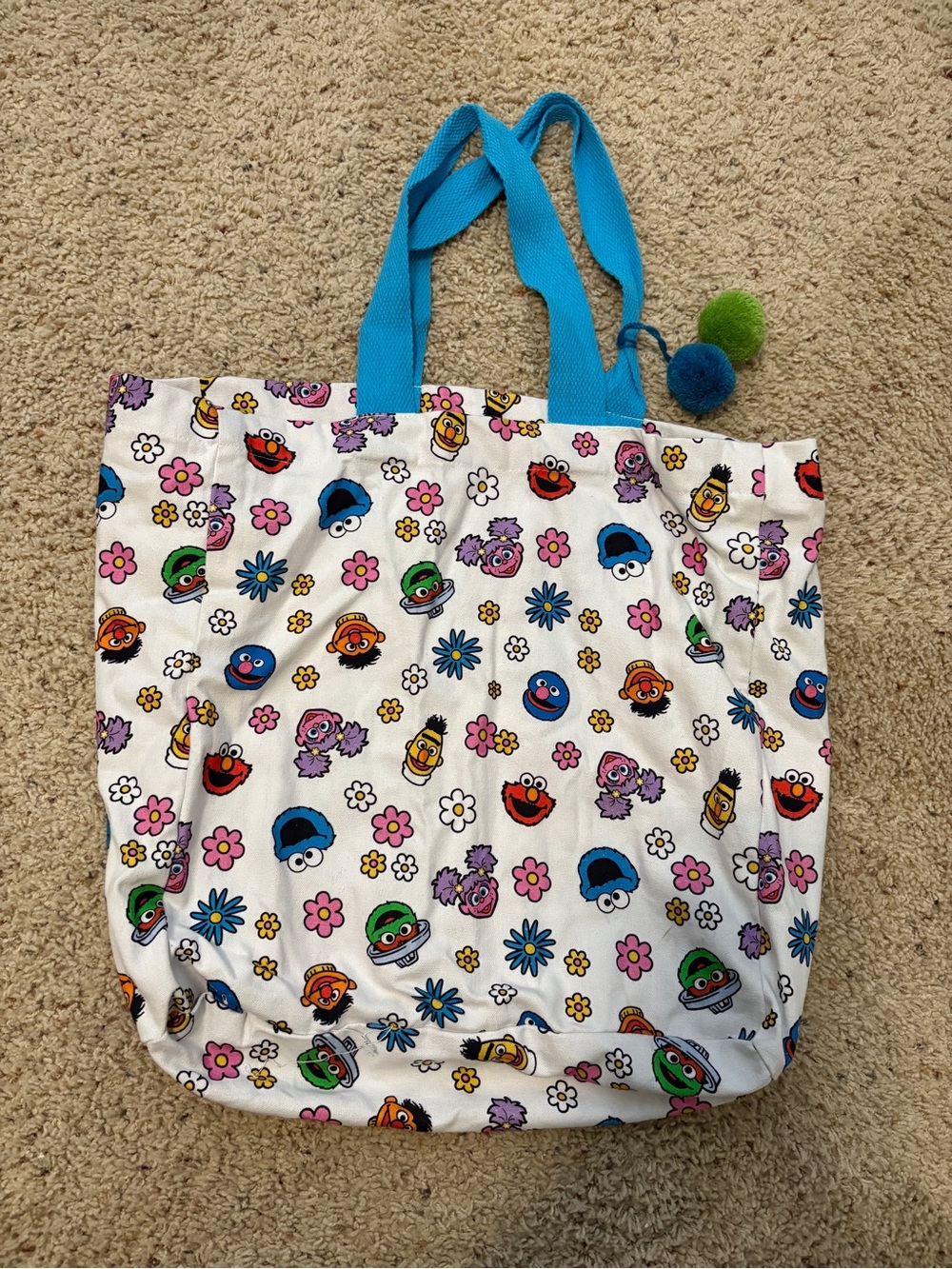 White Sesame Street Character Tote Bag with Blue Handles